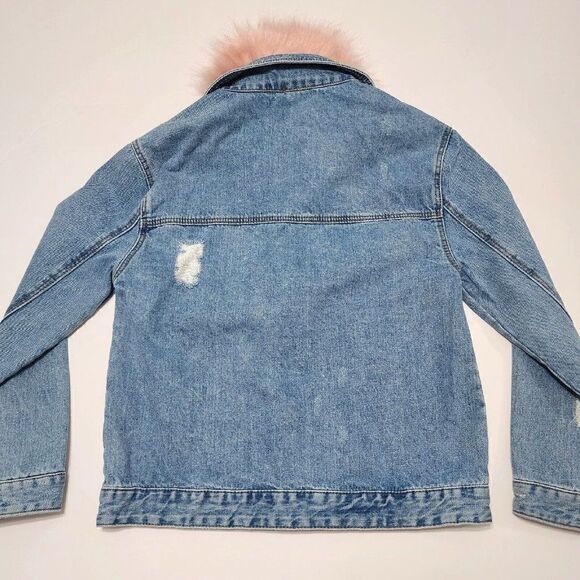Zara Girls - Size 11/12 Sequin Fur Collar Distressed Jean Jacket - Picture 5 of 5